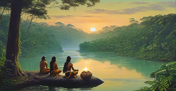 A tranquil scene of an Amazon rainforest at dawn with a river and a group of Indigenous people participating in an ayahuasca ceremony led by a shaman.