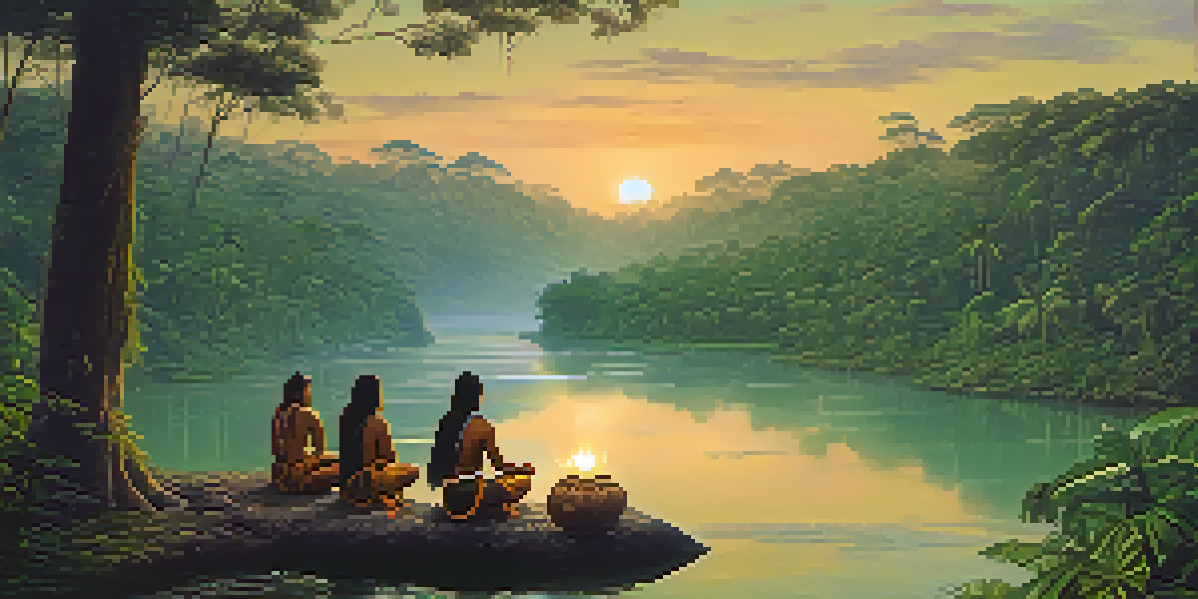A tranquil scene of an Amazon rainforest at dawn with a river and a group of Indigenous people participating in an ayahuasca ceremony led by a shaman.