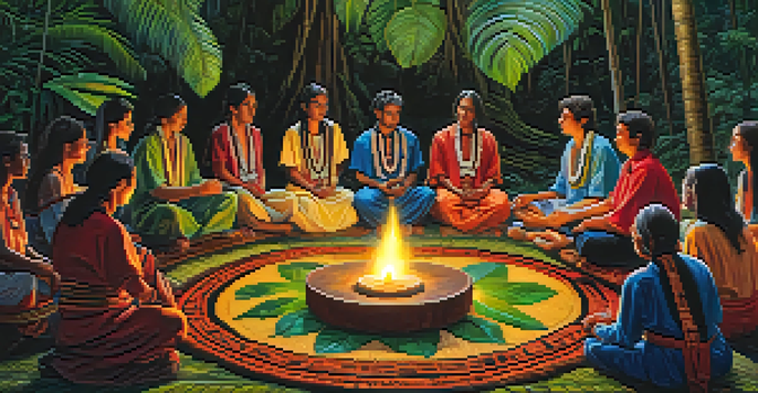 A serene Ayahuasca ceremony in the Amazon rainforest, featuring participants in a circle and a shaman guiding them.