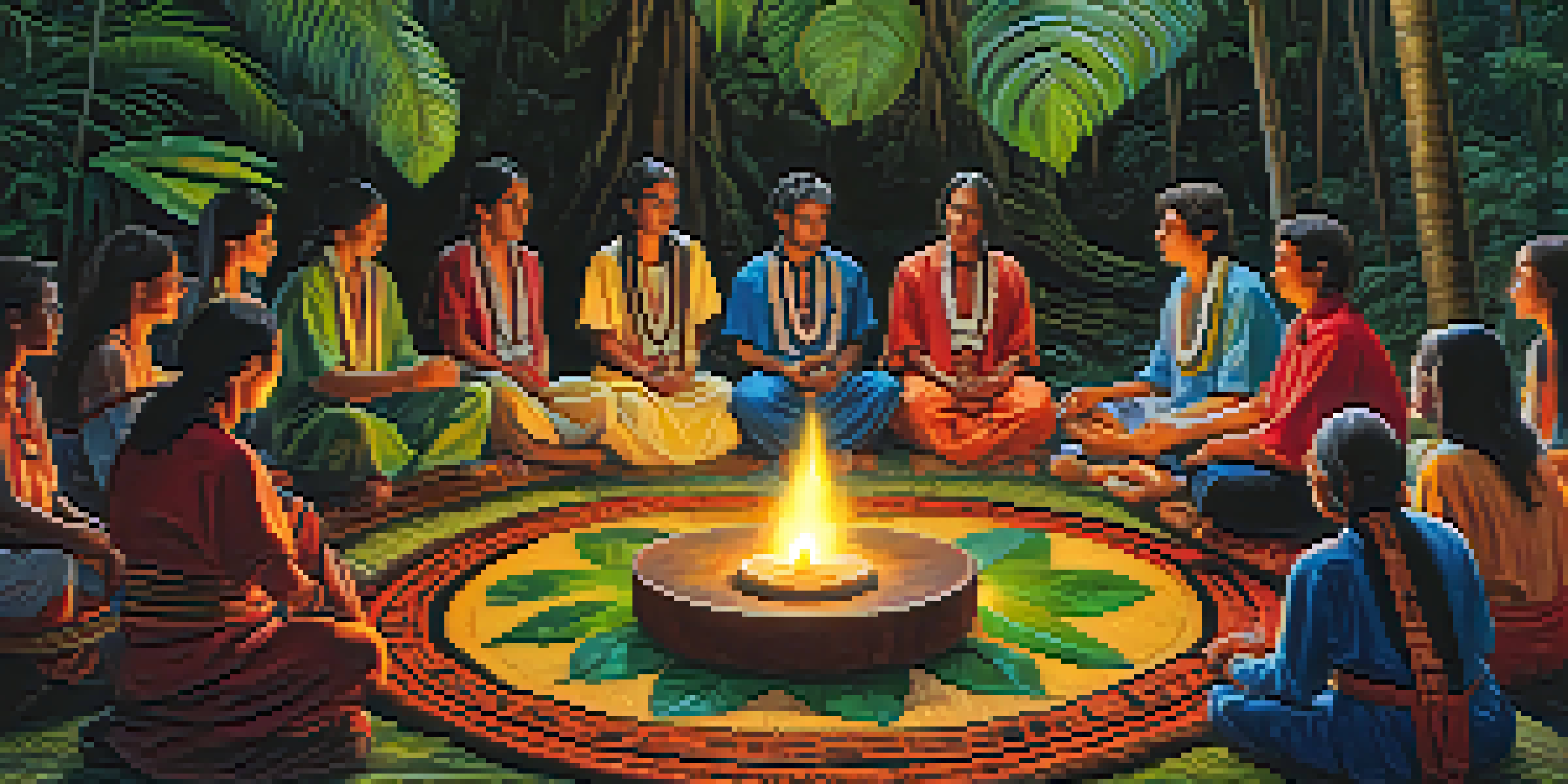 A serene Ayahuasca ceremony in the Amazon rainforest, featuring participants in a circle and a shaman guiding them.