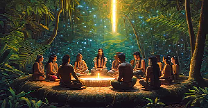 A group of people in a circle participating in an Ayahuasca ceremony in a rainforest, with a shaman in traditional attire.