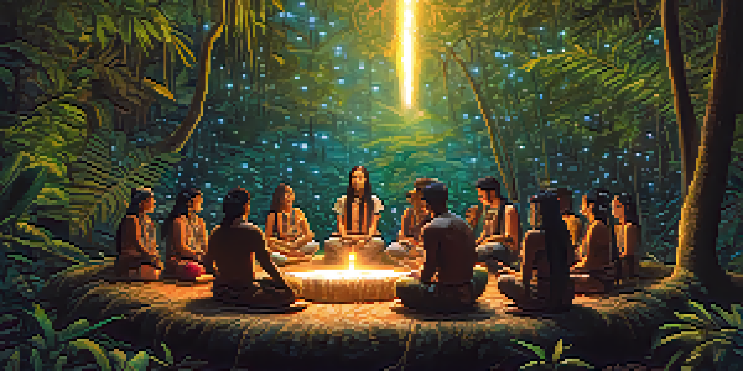 A group of people in a circle participating in an Ayahuasca ceremony in a rainforest, with a shaman in traditional attire.