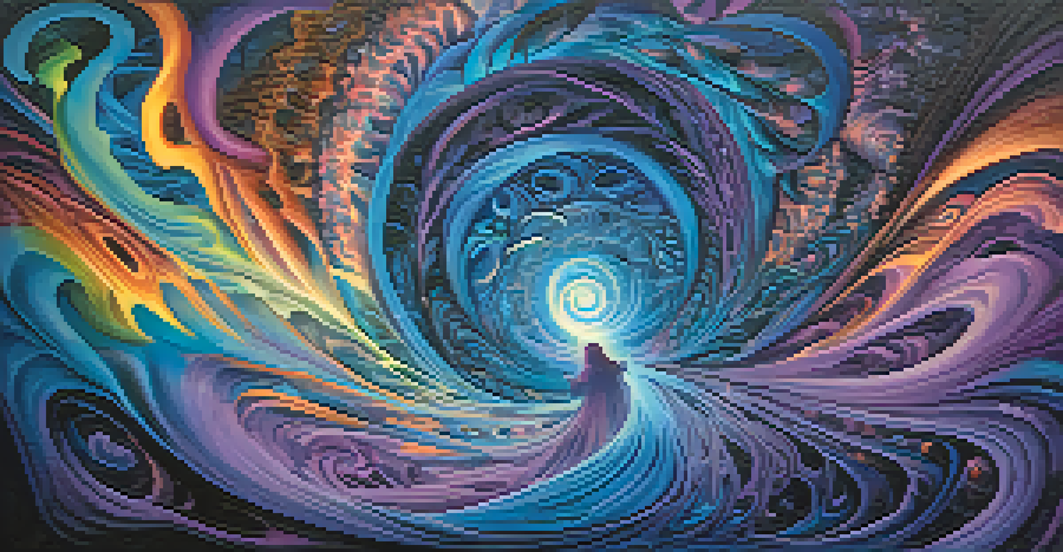 An abstract artistic representation of the visions experienced during an Ayahuasca session, with colorful swirls and shapes.