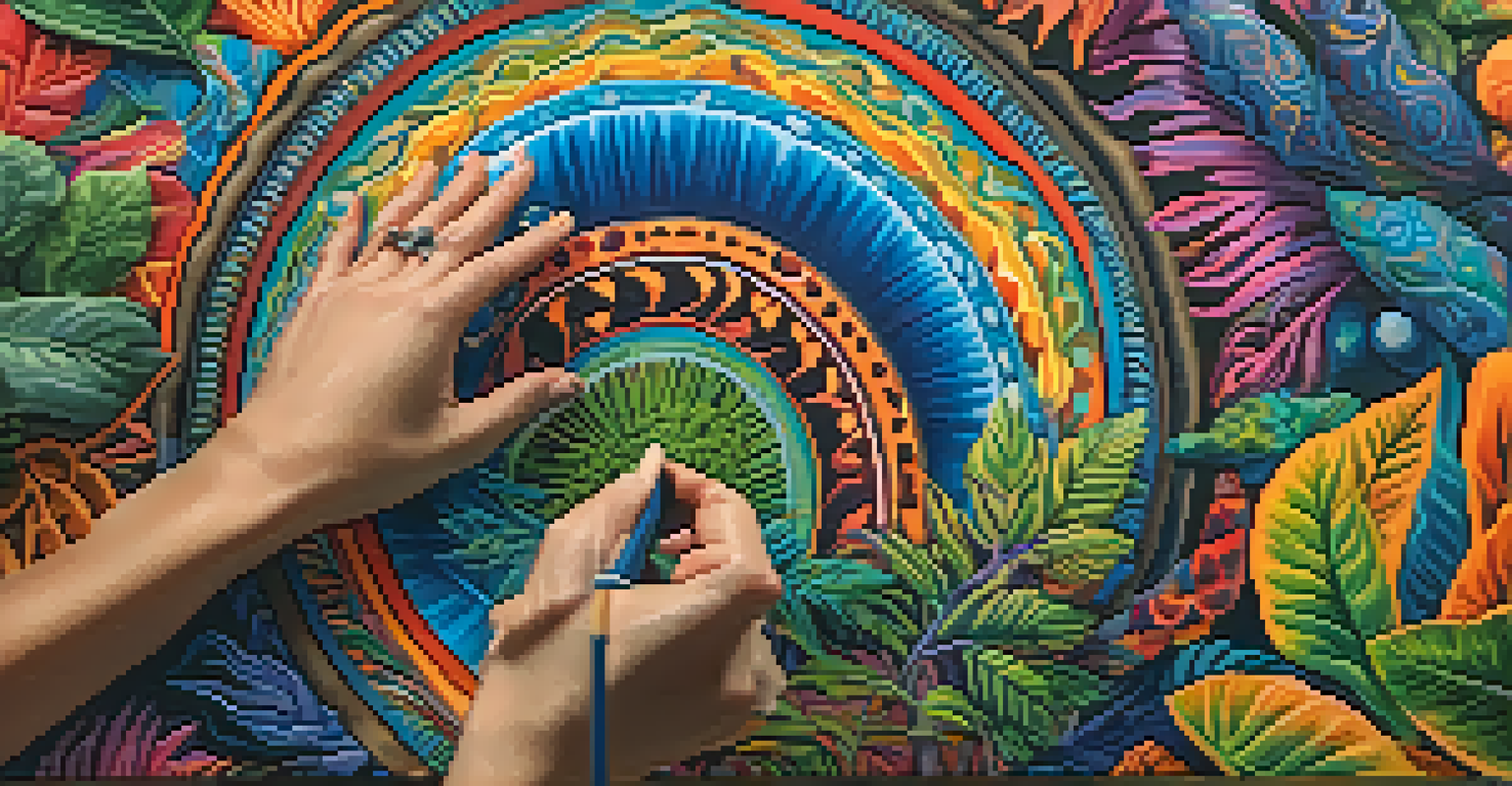An artist's hands painting an abstract canvas inspired by Ayahuasca visions, with bright colors and swirling patterns in a cozy studio filled with art supplies.