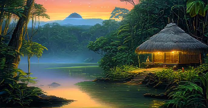 A peaceful Amazon rainforest at twilight with a wooden shaman's hut illuminated by soft light, surrounded by lush greenery and misty trees.