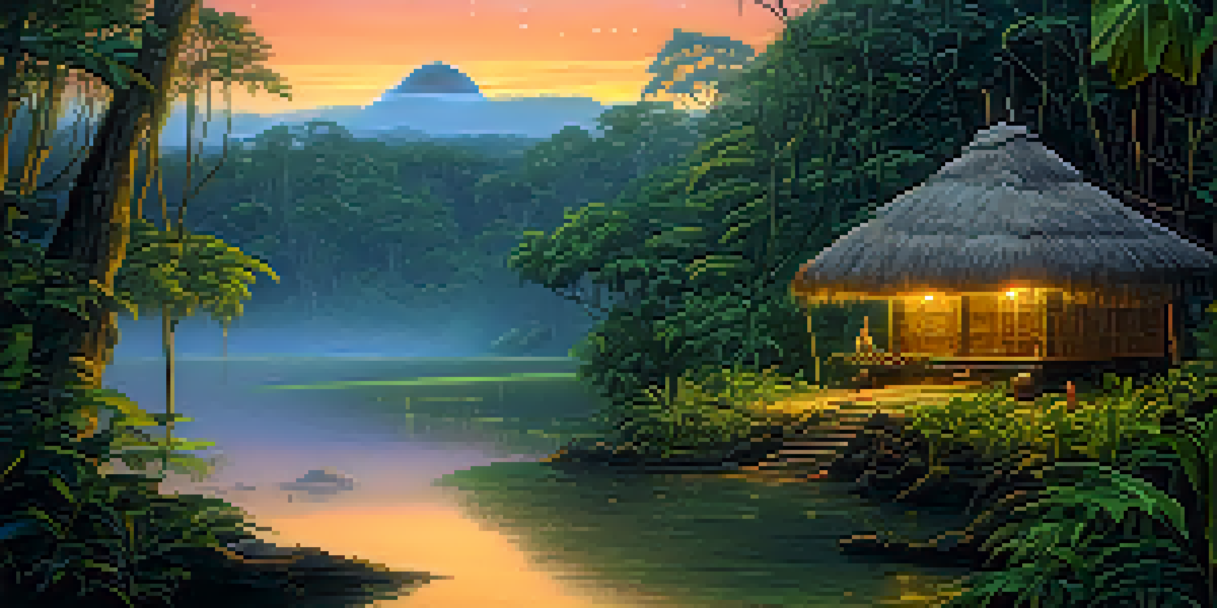 A peaceful Amazon rainforest at twilight with a wooden shaman's hut illuminated by soft light, surrounded by lush greenery and misty trees.