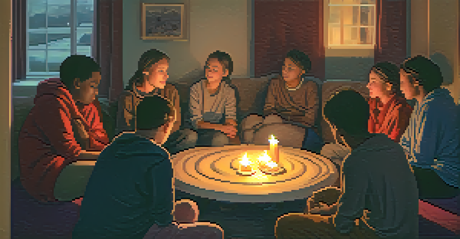 A circle of people sitting together in a cozy, dimly lit room, illuminated by candlelight, sharing stories.