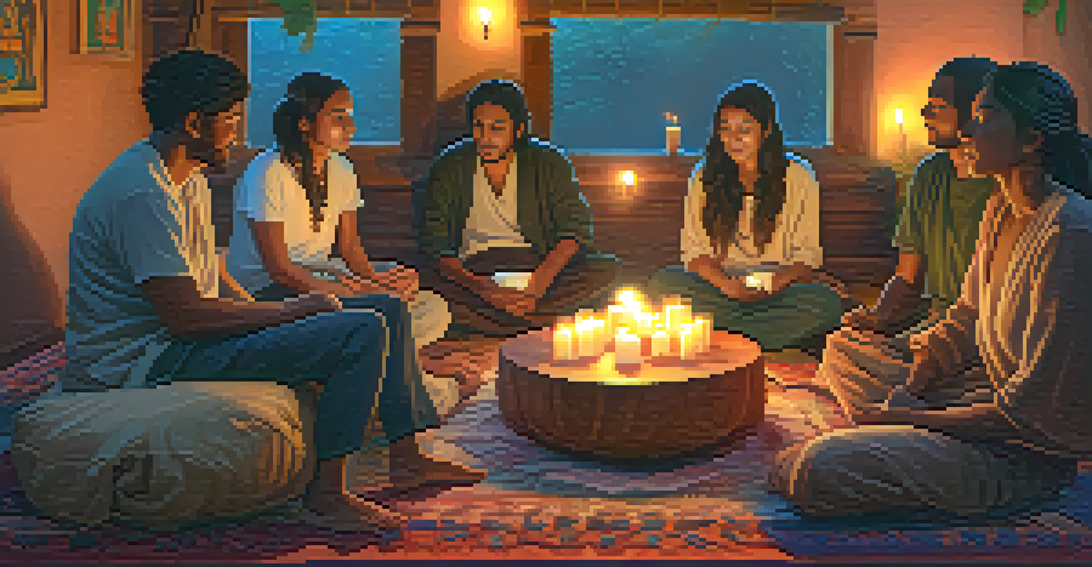 People sitting in a warm room sharing their Ayahuasca experiences, surrounded by soft lighting and cushions.