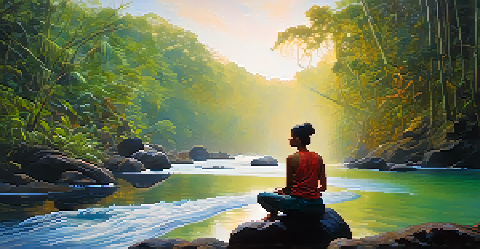 A person sitting on a rock by a river, surrounded by swirling colors that represent emotional release and self-discovery, illuminated by warm light.