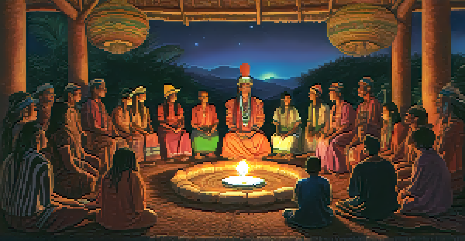 A shaman in traditional attire leading an ayahuasca ceremony at twilight, with a circle of participants surrounded by colorful fabrics and candles, creating a warm and connected atmosphere.