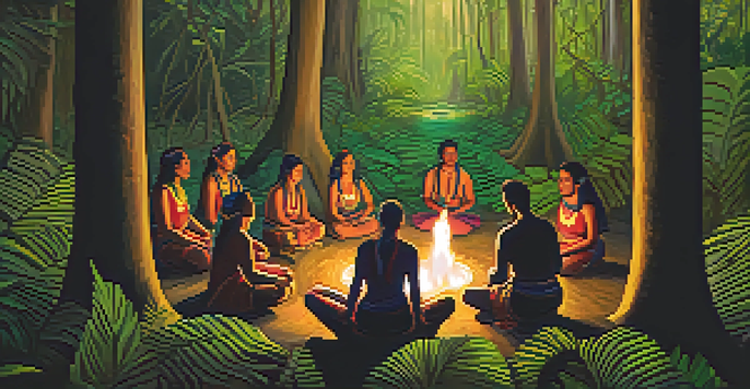 A group of diverse individuals participate in a tranquil Ayahuasca ceremony in the Amazon rainforest, sitting in a circle around a fire, surrounded by lush greenery.