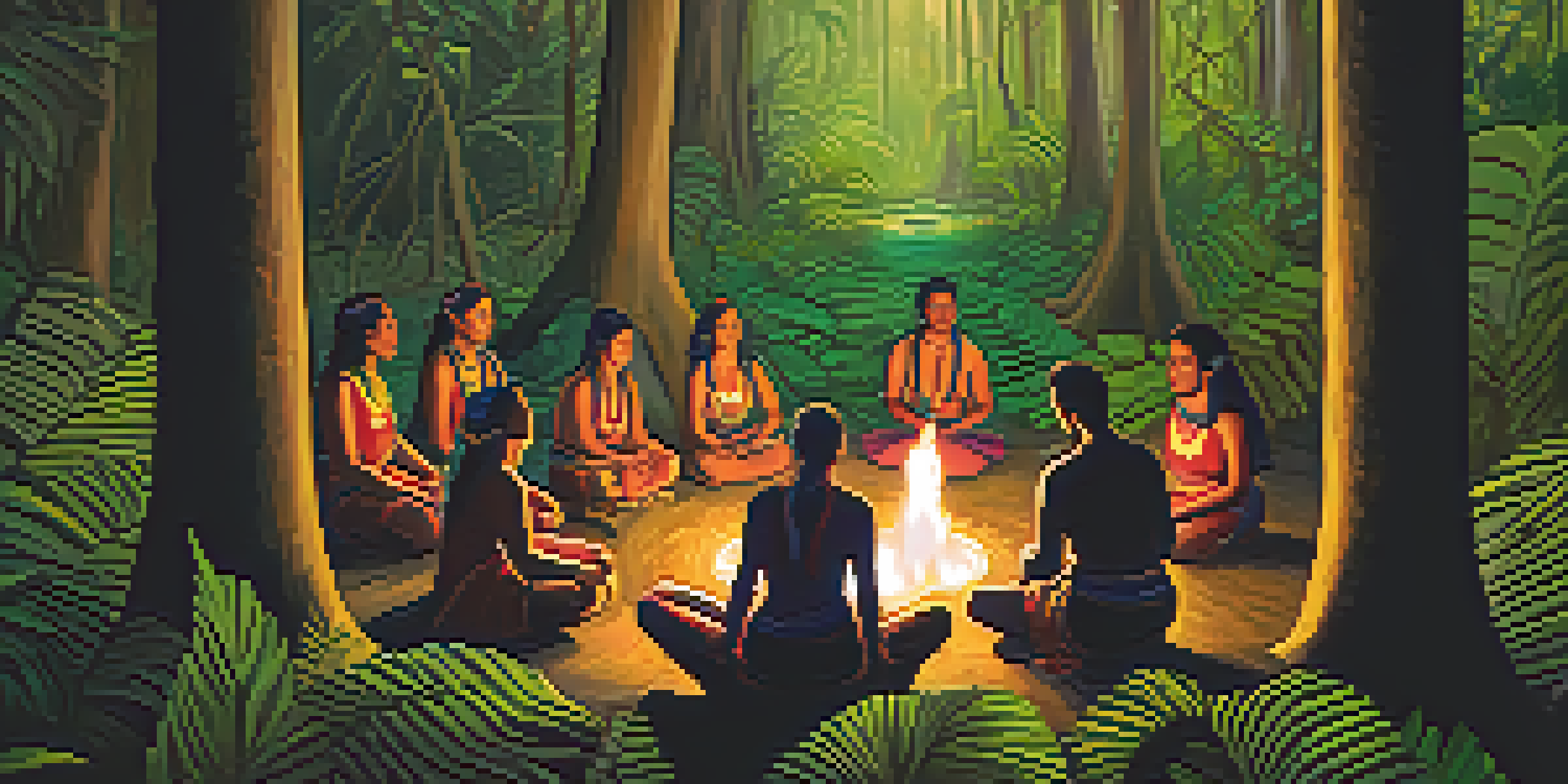 A group of diverse individuals participate in a tranquil Ayahuasca ceremony in the Amazon rainforest, sitting in a circle around a fire, surrounded by lush greenery.