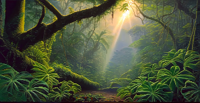 A tranquil scene in the Amazon rainforest at twilight, featuring lush green plants and vines, with soft light filtering through the trees.