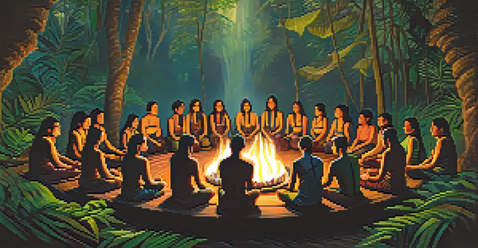 A diverse group of participants in traditional attire, sitting in a circle around a fire in an Amazon rainforest during an Ayahuasca ceremony, surrounded by lush greenery and soft, warm light.