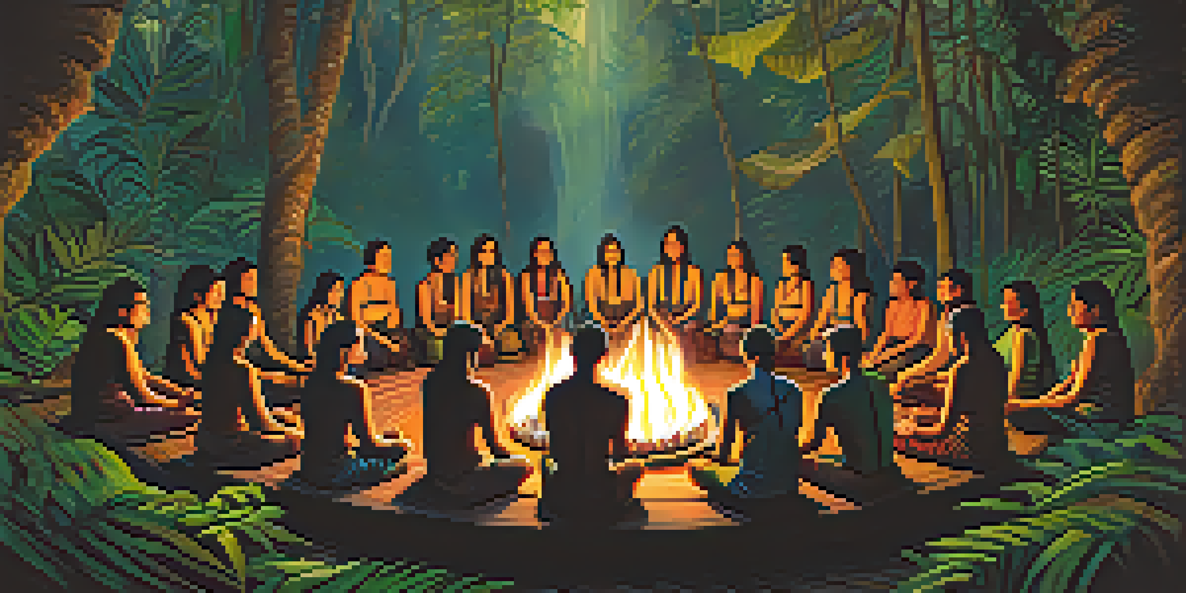 A diverse group of participants in traditional attire, sitting in a circle around a fire in an Amazon rainforest during an Ayahuasca ceremony, surrounded by lush greenery and soft, warm light.