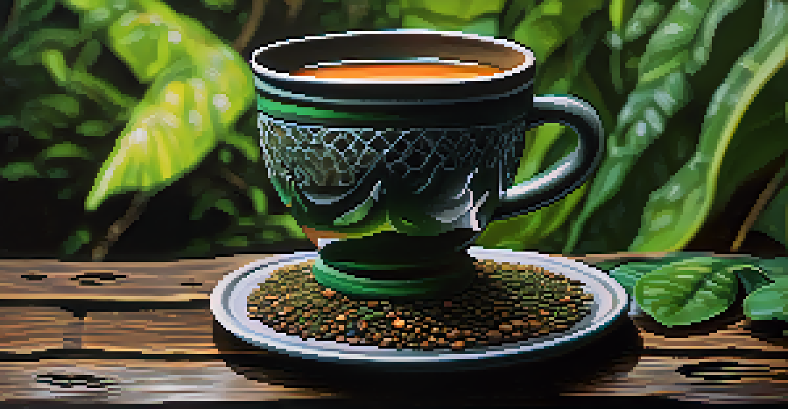 A close-up of a cup of ayahuasca brew on a wooden table, surrounded by leaves and stones, with soft light accentuating the textures.