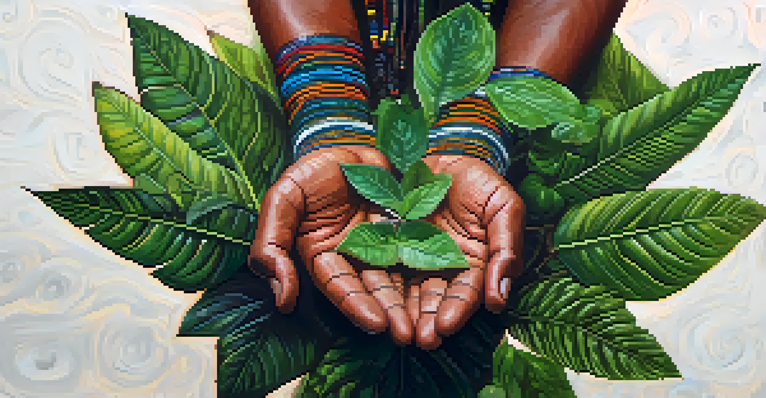 Close-up of a shaman's hands holding Ayahuasca vine and leaves, with a blurred Amazon rainforest background.