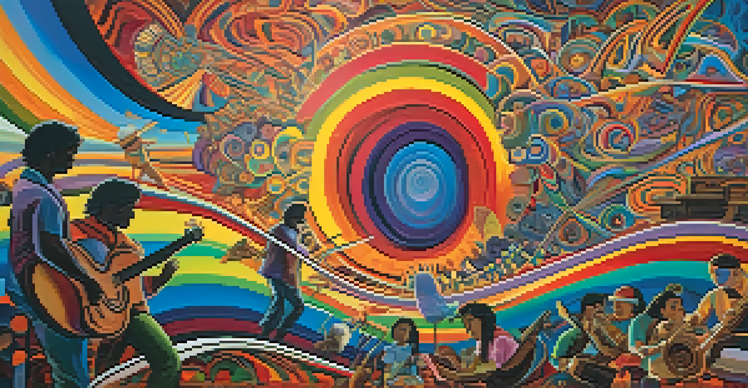 An abstract illustration of a musical journey with swirling colors and shapes, depicting silhouettes of musicians and patterns symbolizing spiritual growth.