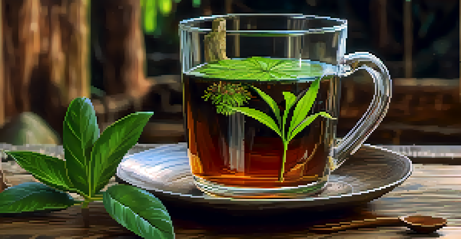 A close-up of a glass cup of Ayahuasca brew on a rustic wooden table, surrounded by flowers and leaves.