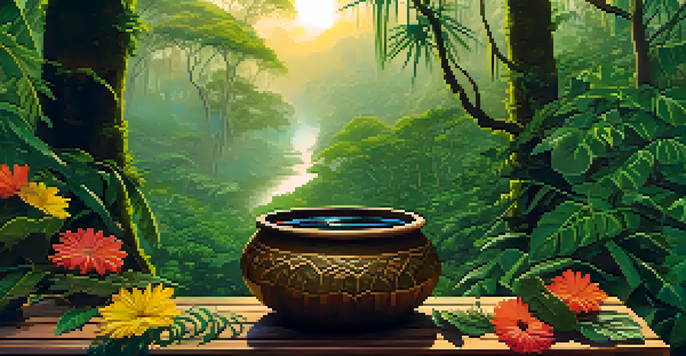 A tranquil Amazon rainforest at dawn with vines and a bowl of Ayahuasca brew on an altar surrounded by flowers and feathers.