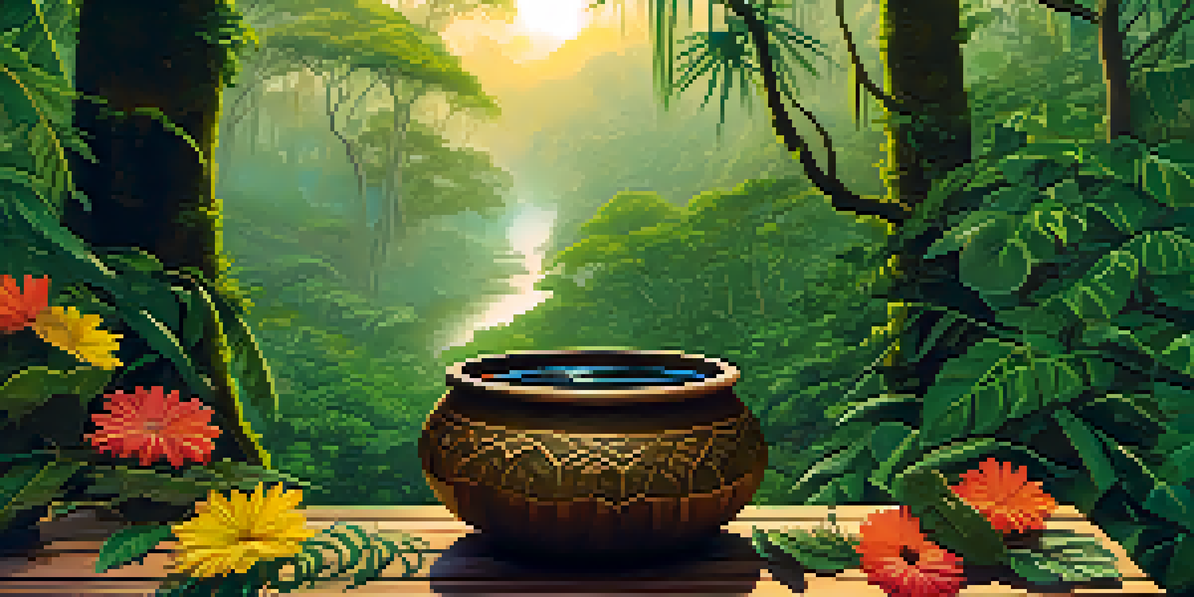 A tranquil Amazon rainforest at dawn with vines and a bowl of Ayahuasca brew on an altar surrounded by flowers and feathers.