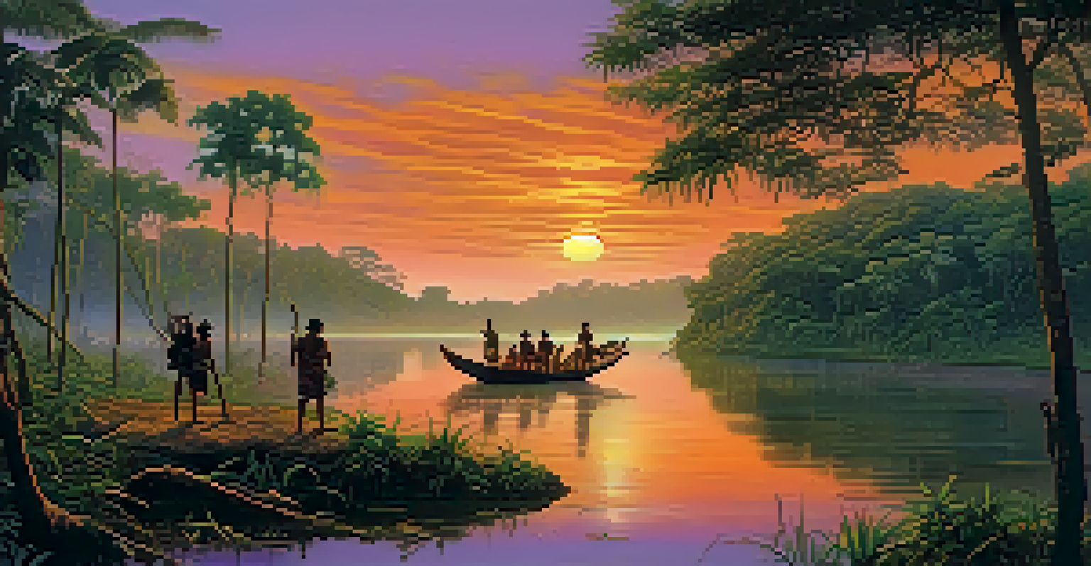 A breathtaking Amazon rainforest landscape at sunrise, with indigenous individuals walking along a river amidst lush vegetation and a colorful sky.