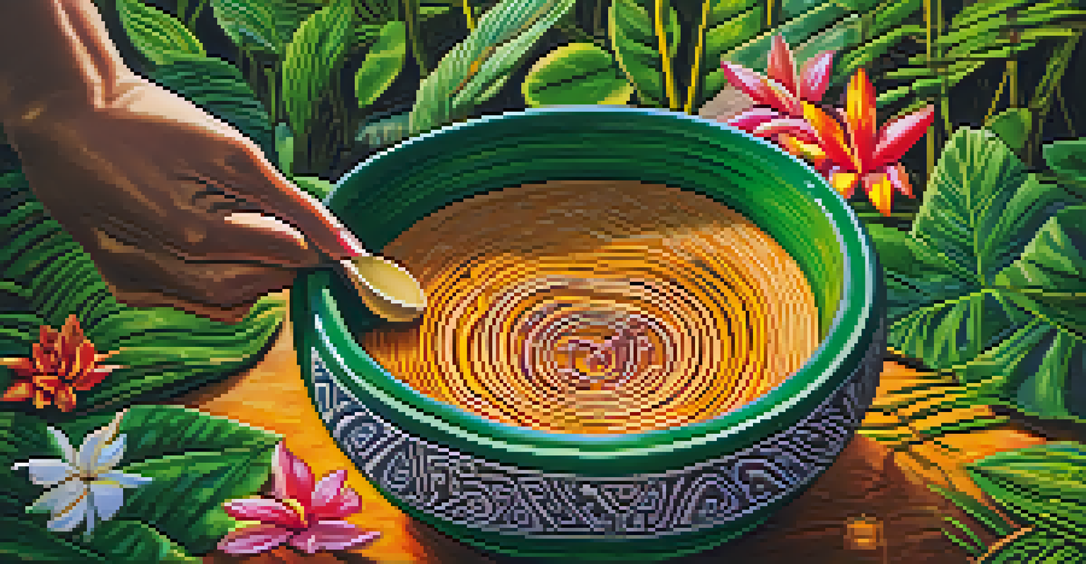 A close-up of a hand holding a ceramic bowl of Ayahuasca with the Amazon jungle in the background.