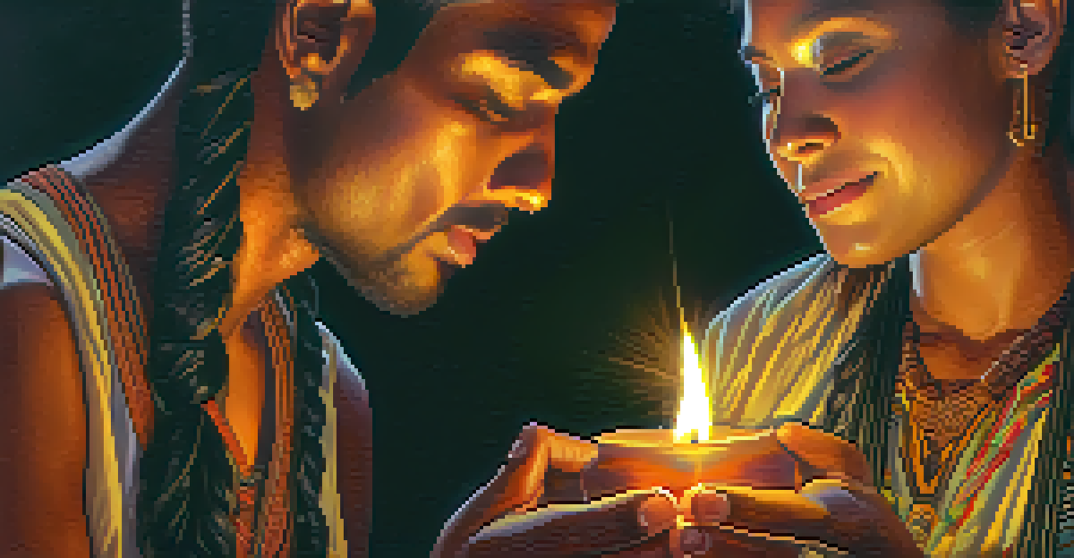 Two individuals sharing a supportive moment during an Ayahuasca ceremony, with one person touching the other's shoulder, illuminated by warm candlelight.