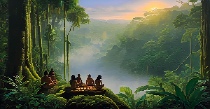 A tranquil scene in the Amazon rainforest at dawn, with mist and indigenous people participating in an Ayahuasca ceremony amid vibrant plants.