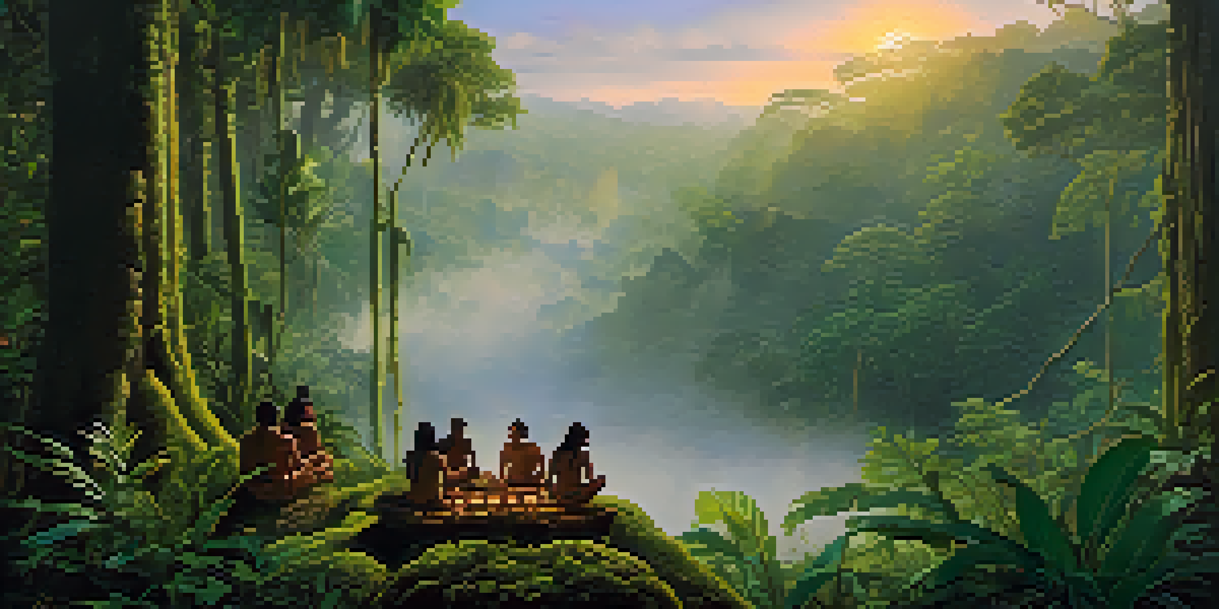 A tranquil scene in the Amazon rainforest at dawn, with mist and indigenous people participating in an Ayahuasca ceremony amid vibrant plants.