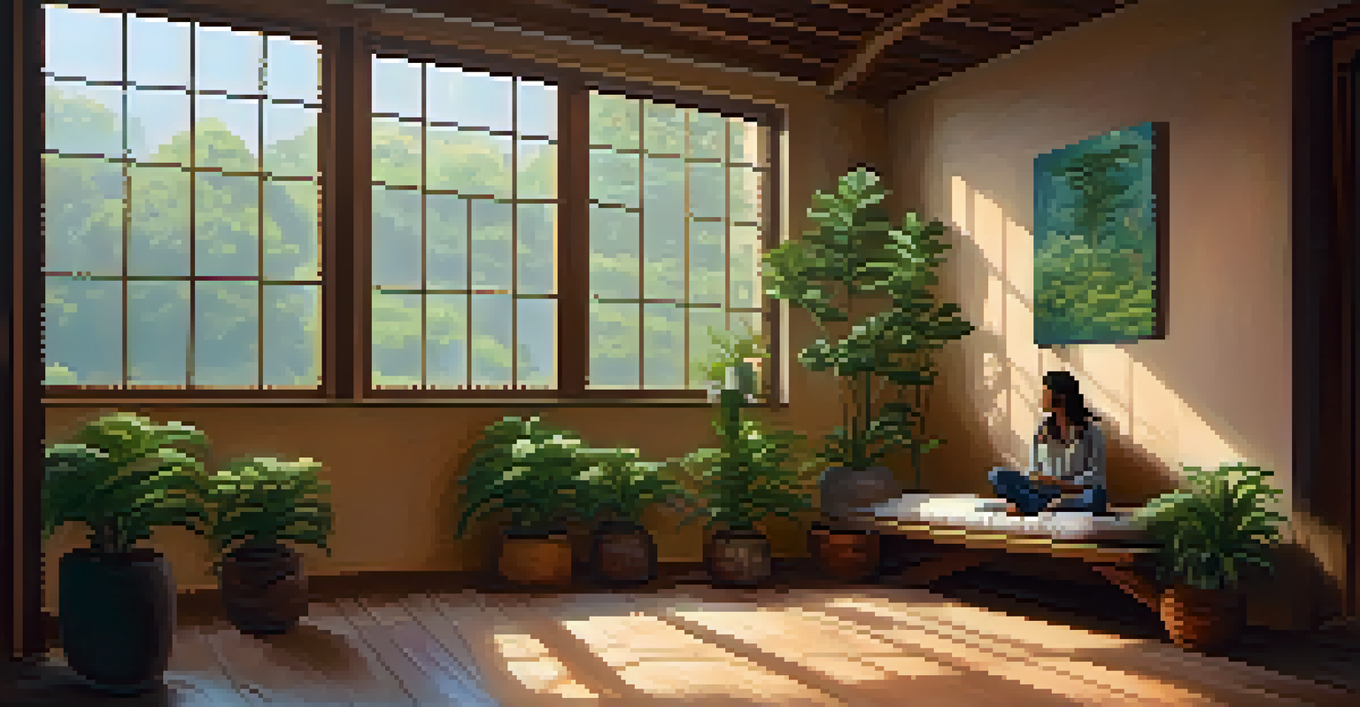 A person sitting cross-legged in a tranquil room, reflecting on their ayahuasca experience, surrounded by cushions and plants.