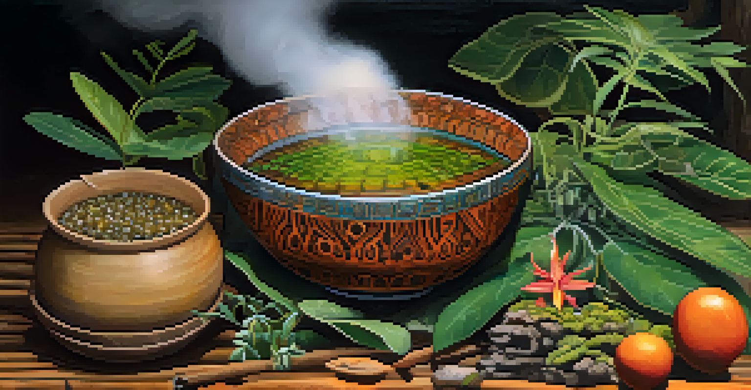 A close-up of Ayahuasca brew in a ceremonial bowl surrounded by indigenous plants and flowers.