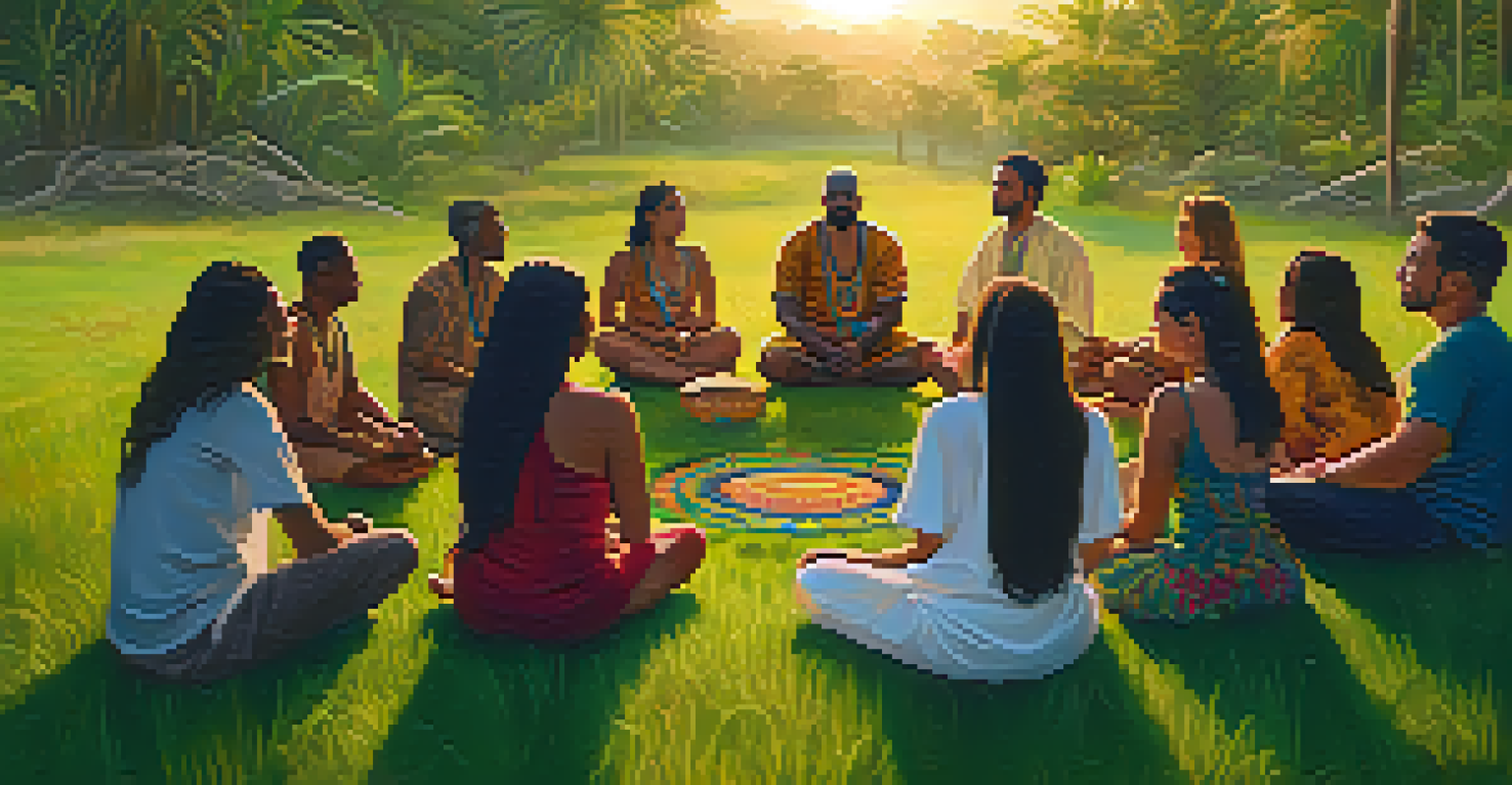 A diverse group of people sitting in a circle on grass, sharing experiences during an Ayahuasca ceremony, with a warm sunset in the background.