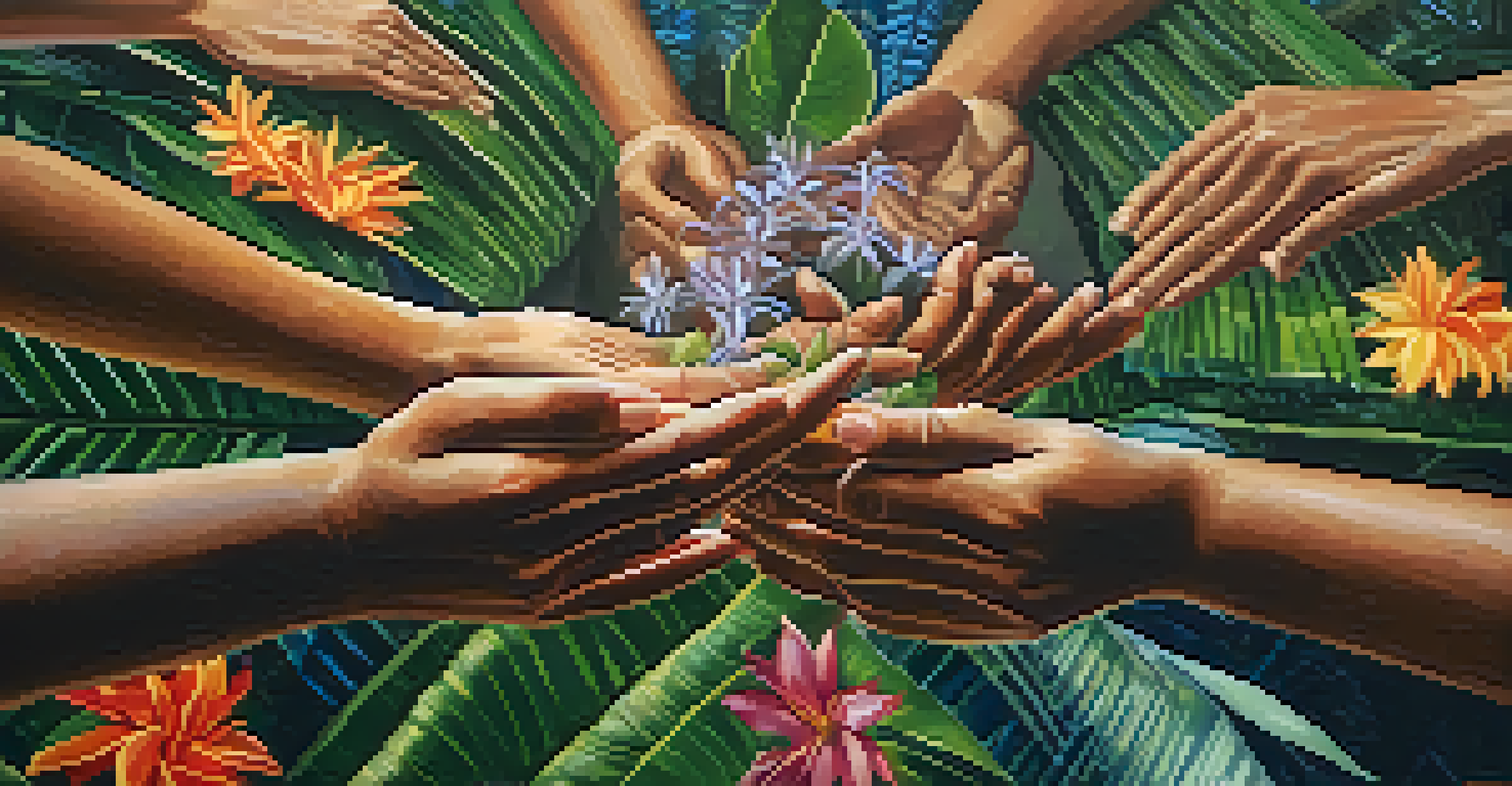 A close-up of hands held upward in surrender during an ayahuasca ceremony, with blurred participants in the background.