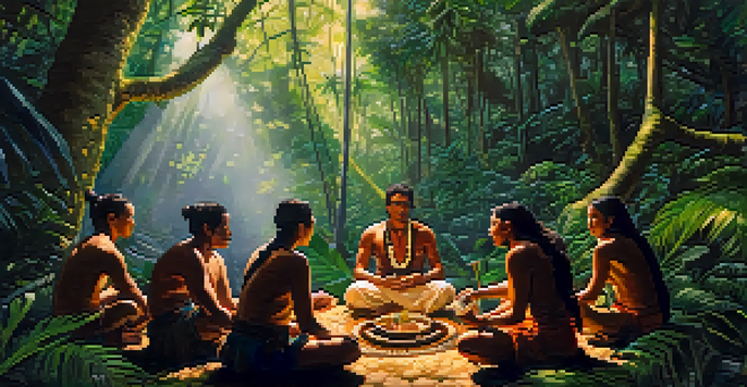 Participants in a circle with a shaman during an Ayahuasca ceremony in the Amazon rainforest, surrounded by lush greenery and dappled sunlight.