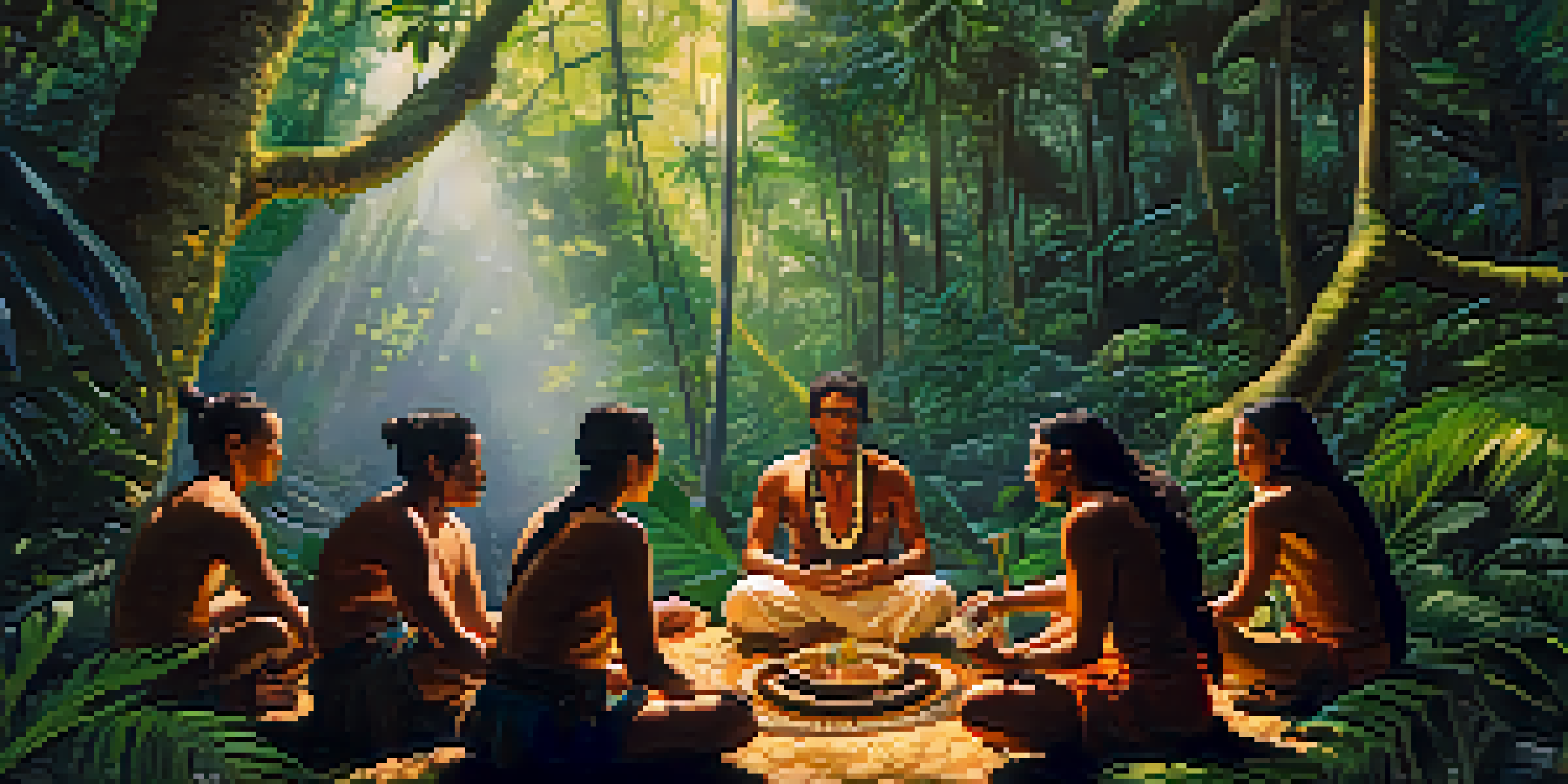 Participants in a circle with a shaman during an Ayahuasca ceremony in the Amazon rainforest, surrounded by lush greenery and dappled sunlight.