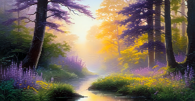 A peaceful forest scene at dawn with sunlight shining through the trees and a gentle stream flowing.