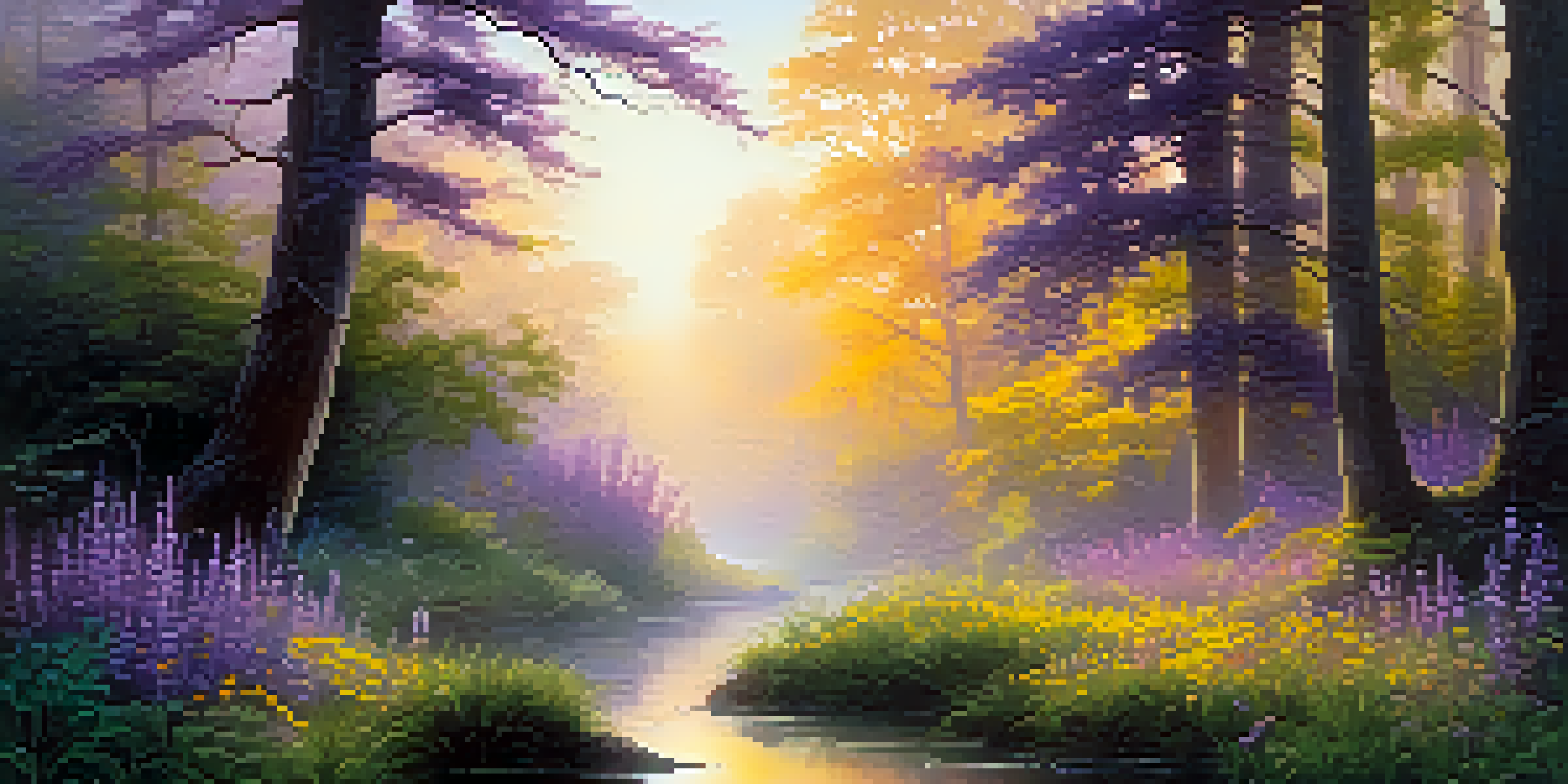 A peaceful forest scene at dawn with sunlight shining through the trees and a gentle stream flowing.