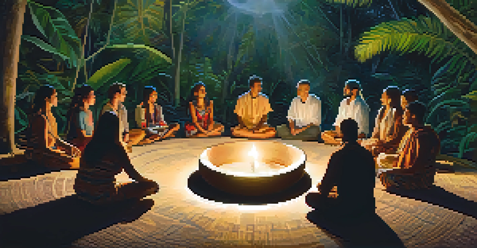 A diverse group of individuals in a circle during an Ayahuasca ceremony, led by a shaman, illuminated by candlelight.
