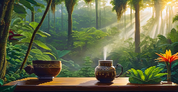 A peaceful Amazon rainforest at dawn, with lush greenery and mist, featuring a traditional Ayahuasca brew on a wooden table surrounded by colorful flowers.