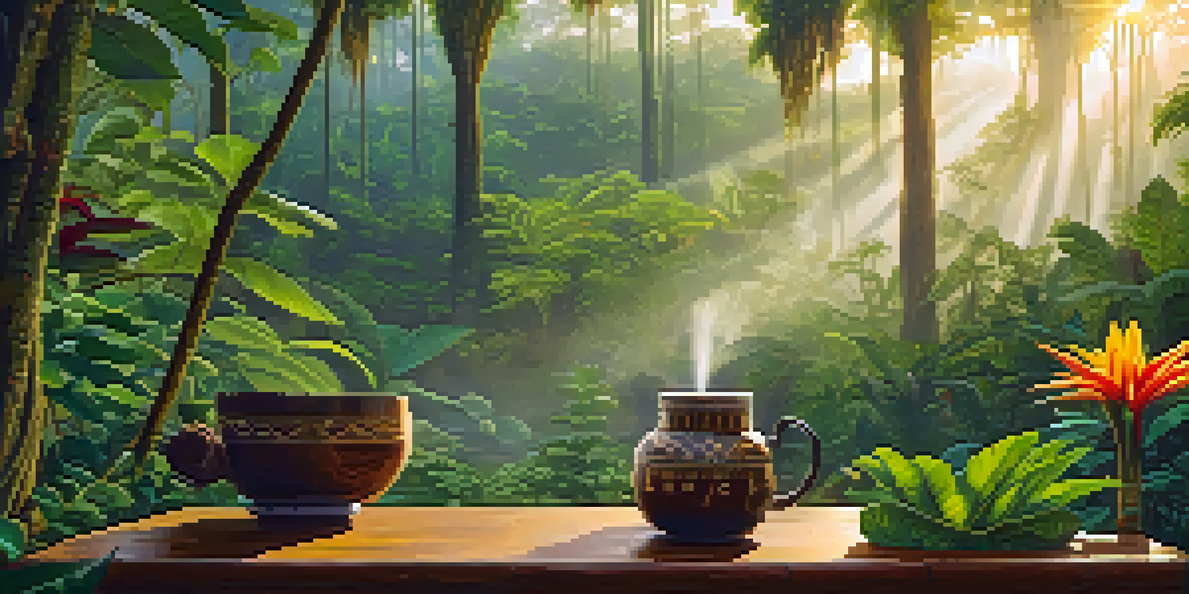 A peaceful Amazon rainforest at dawn, with lush greenery and mist, featuring a traditional Ayahuasca brew on a wooden table surrounded by colorful flowers.