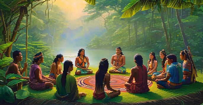 A tranquil scene in the Amazon rainforest at dawn, with a group of diverse individuals sitting in a circle for an Ayahuasca ceremony amidst lush greenery and colorful flowers.