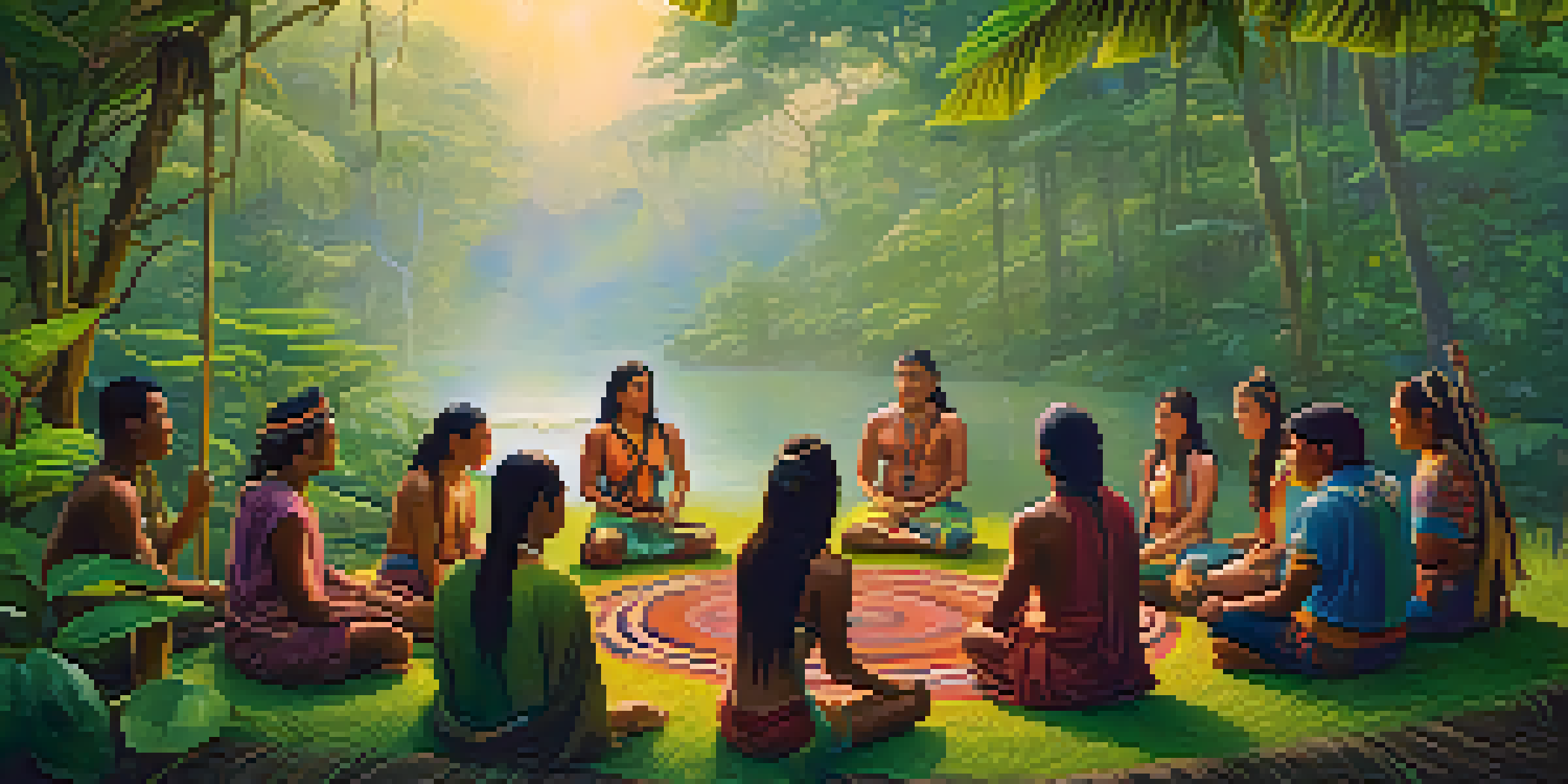 A tranquil scene in the Amazon rainforest at dawn, with a group of diverse individuals sitting in a circle for an Ayahuasca ceremony amidst lush greenery and colorful flowers.