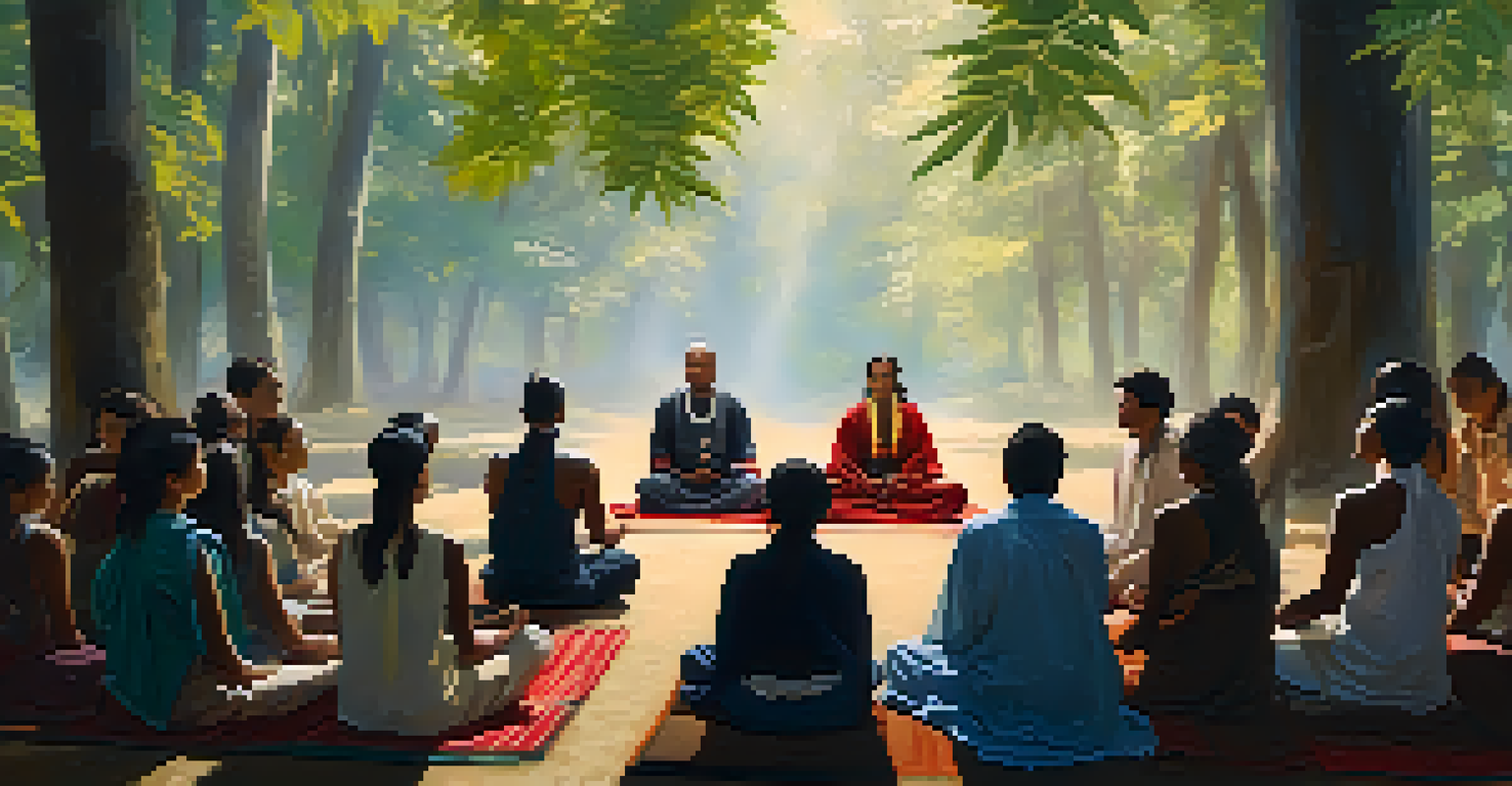 Participants in a circle during an Ayahuasca ceremony led by a shaman under a tree canopy.