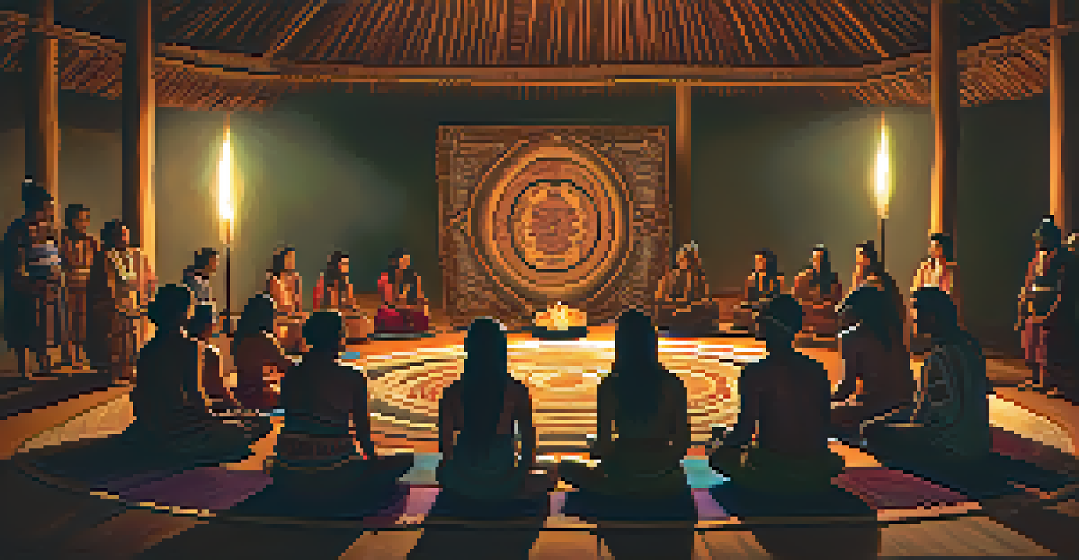 Participants in a dimly lit ayahuasca ceremony seated in a circle, guided by a shaman in traditional attire.