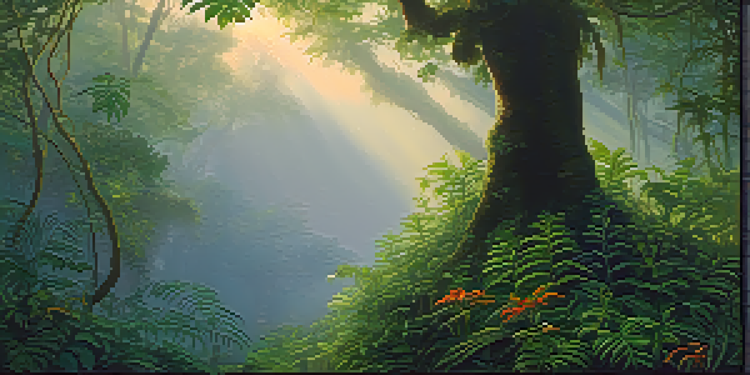 A tranquil Amazon rainforest at dawn, showcasing the Banisteriopsis caapi vine and Psychotria viridis leaves amidst mist and golden sunlight.