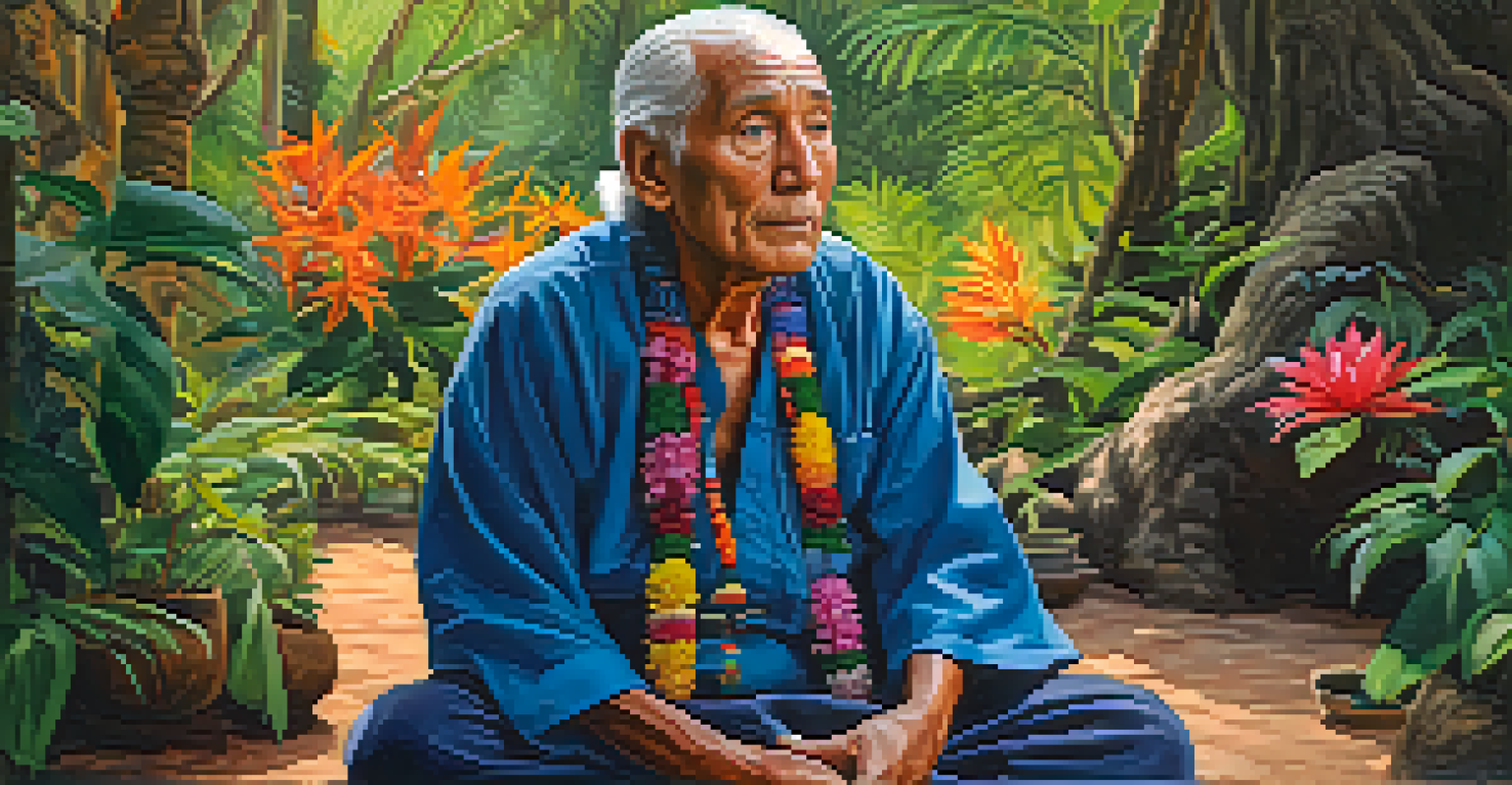 An elderly man in deep thought outdoors after an Ayahuasca ceremony, surrounded by greenery and flowers.