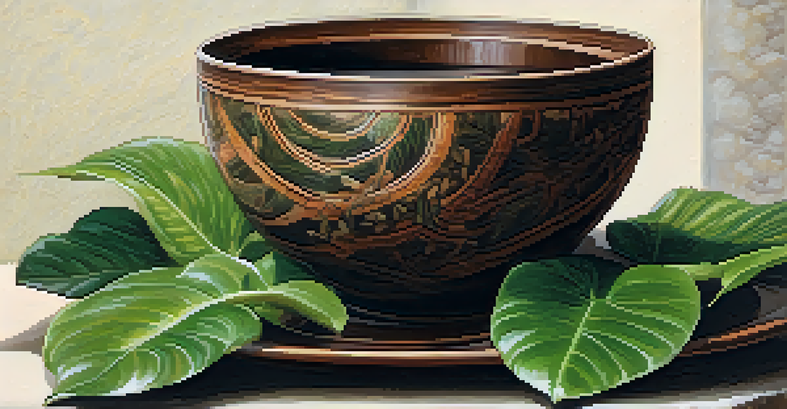 A close-up of a rustic ceramic cup filled with Ayahuasca brew, surrounded by the Banisteriopsis caapi vine and Psychotria viridis leaves.
