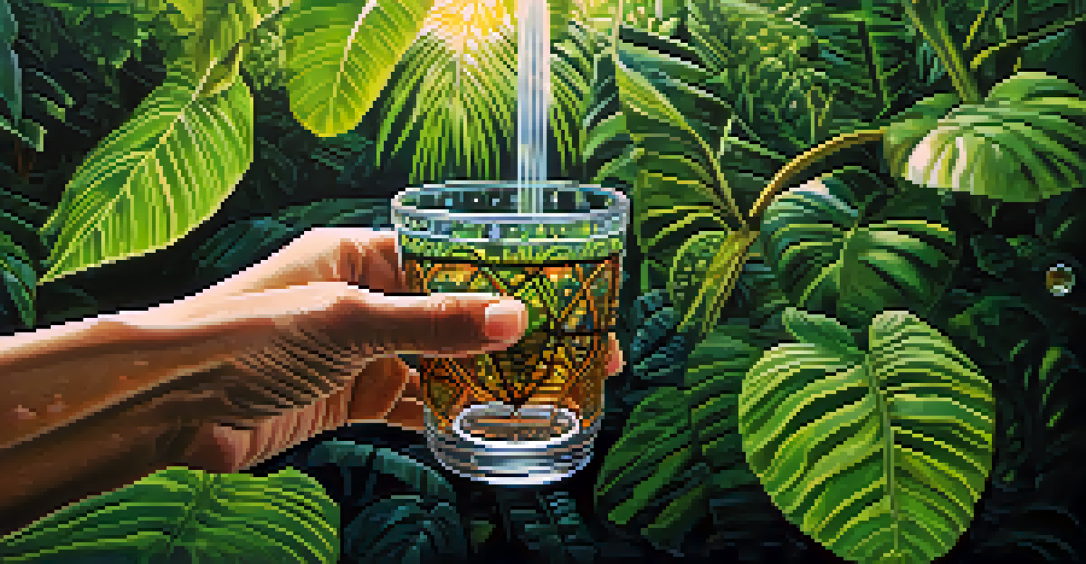 A close-up of a hand holding an intricately designed glass cup containing Ayahuasca, surrounded by vibrant green plants in the Amazon jungle.