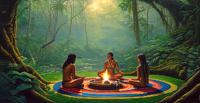 A peaceful scene of an ayahuasca ceremony in the Amazon rainforest with participants sitting in a circle, illuminated by firelight, and animal spirits appearing in the background.